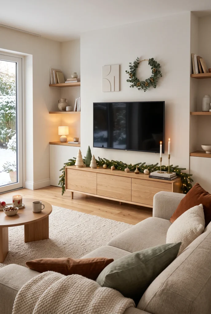 TV console decorated with a simple Christmas evergreen garland