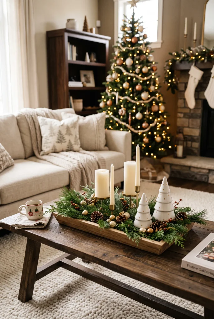 Christmas coffee table styled with greenery, pinecones, candles, and gold ornaments