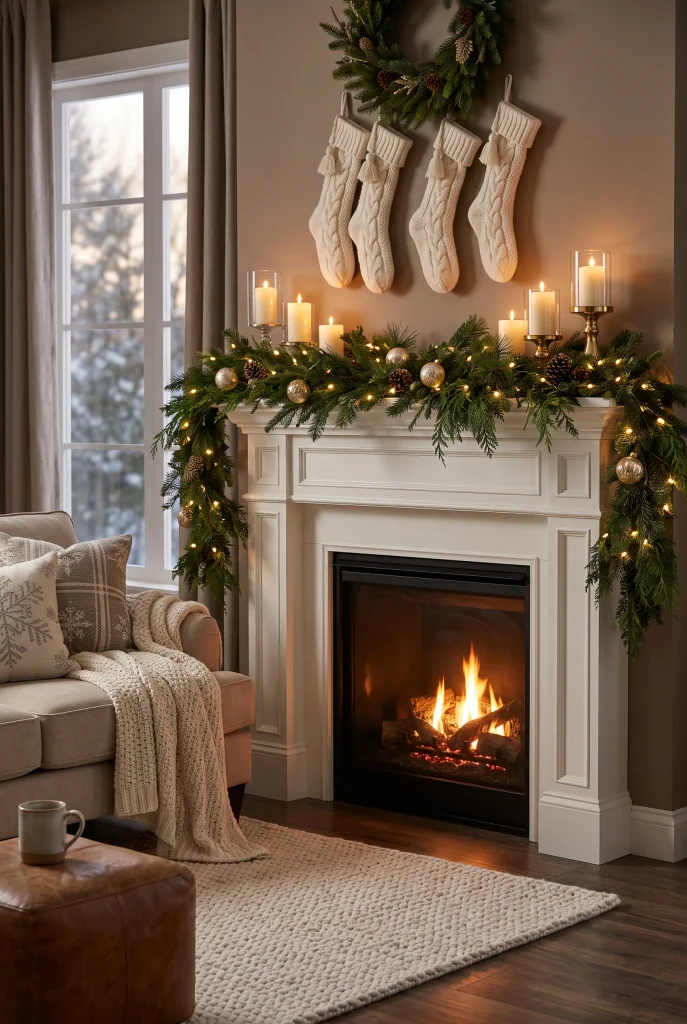 Candlelit Christmas mantel with evergreen garland, cream candles, warm lights, and ivory stockings