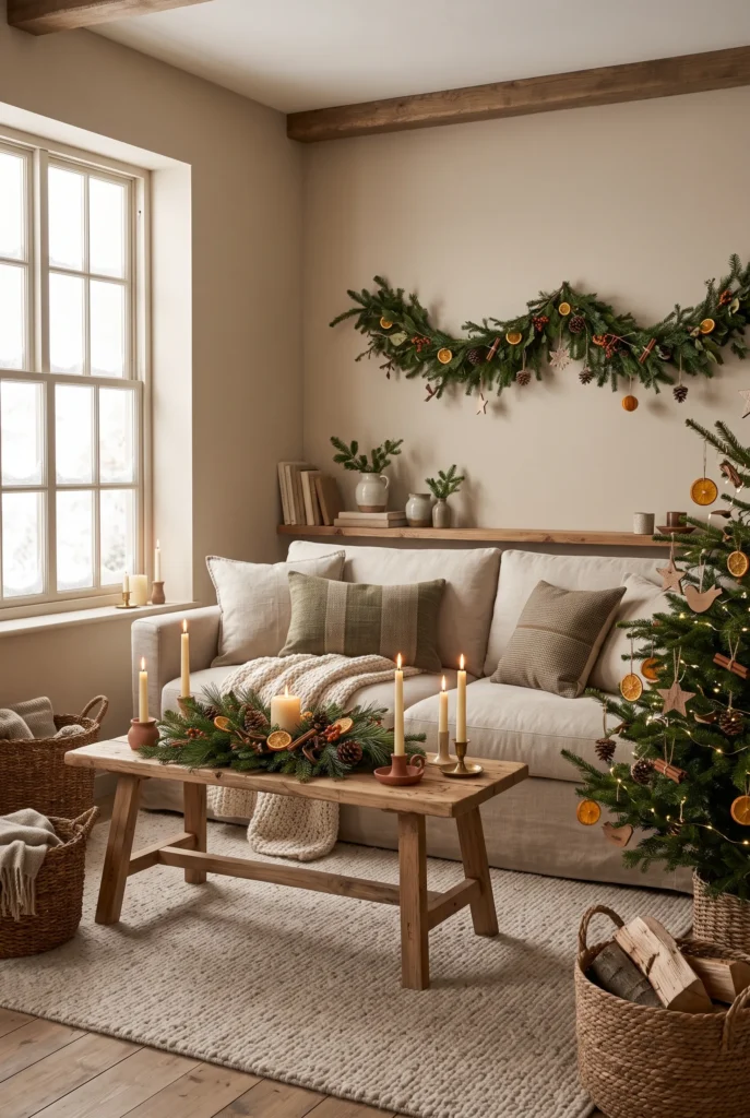 Natural Christmas living room with evergreen branches, pinecones, dried oranges, and wooden decorations