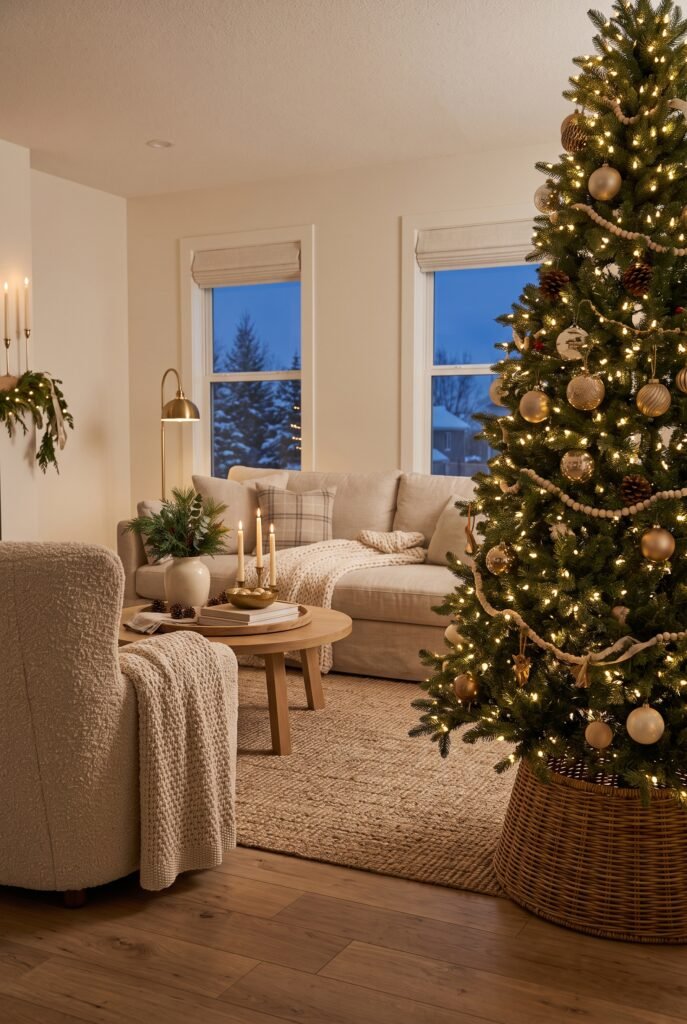 Neutral Christmas living room with cream, green, wood, and warm white decor