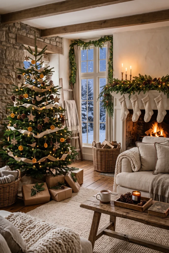 Christmas living room windows framed with evergreen garlands and warm lights