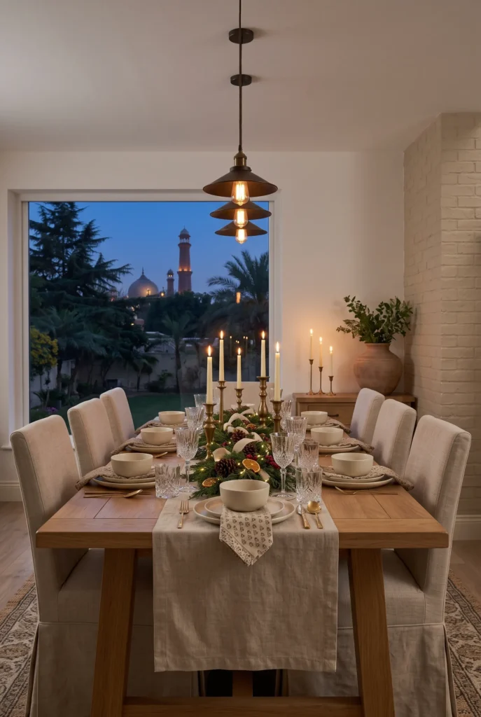 Elegant Christmas dining table with greenery, candles, and neutral tableware