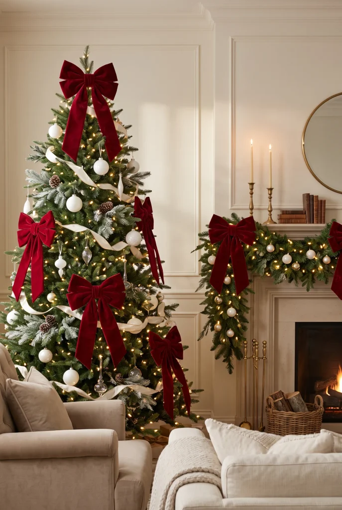 Christmas tree and mantel decorated with rich red velvet bows and white ornaments