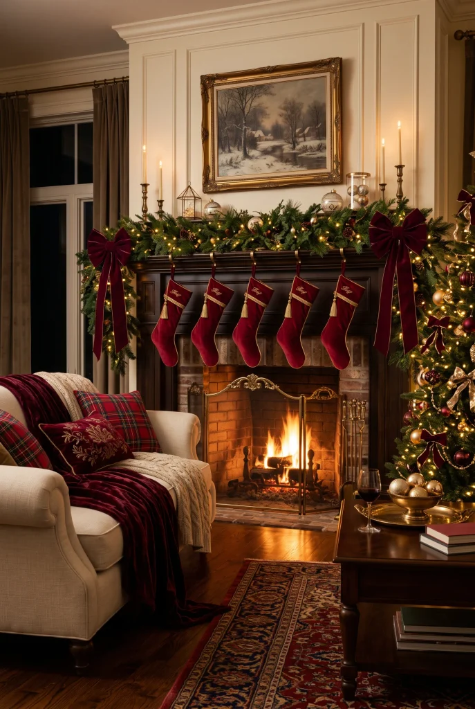 Red velvet Christmas mantel with evergreen garland and traditional holiday accents