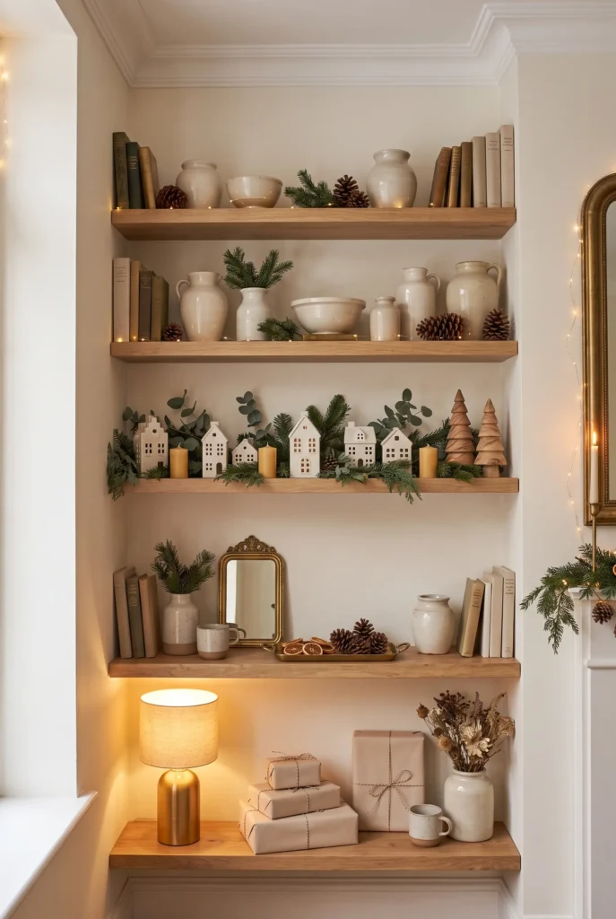 Open shelves decorated with evergreen branches, wooden trees, candles, and Christmas accents.