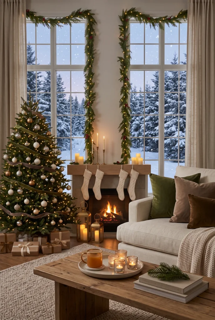 Cream Christmas stockings and evergreen garland decorating a cozy fireplace mantel.