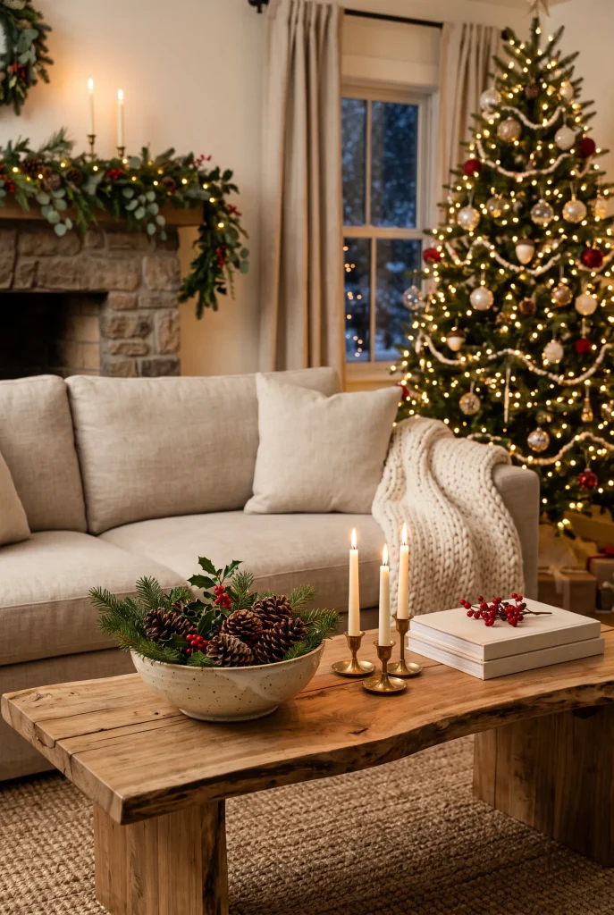Christmas coffee table decorated with pinecones, greenery, candles, and ceramic accessories