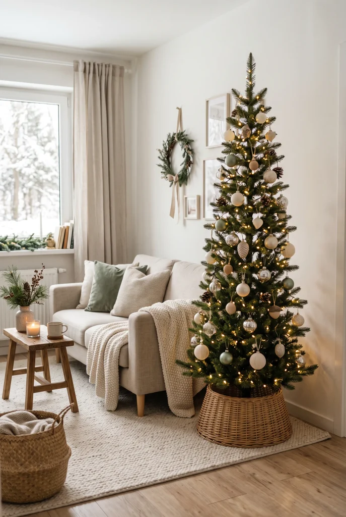 Slim Christmas tree beside a neutral sofa in a small living room
