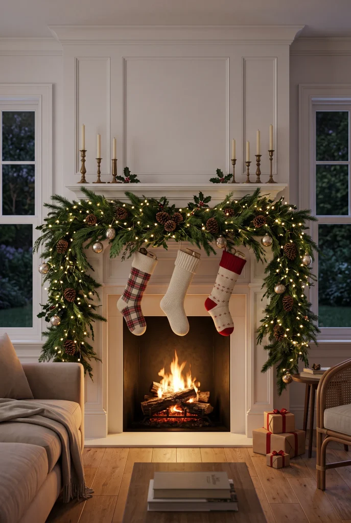 Classic Christmas mantel with evergreen garland, red berries, pinecones, and cream stockings