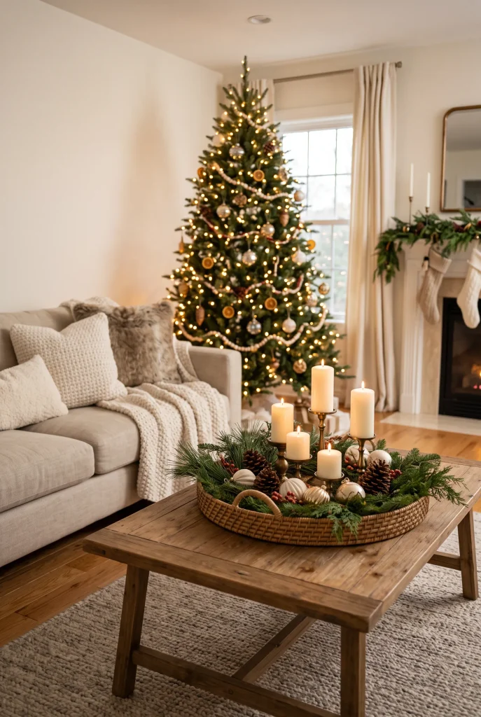 Evergreen branches and candles arranged on a Christmas coffee table