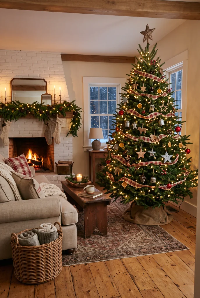 Classic farmhouse Christmas living room with a warmly decorated evergreen tree