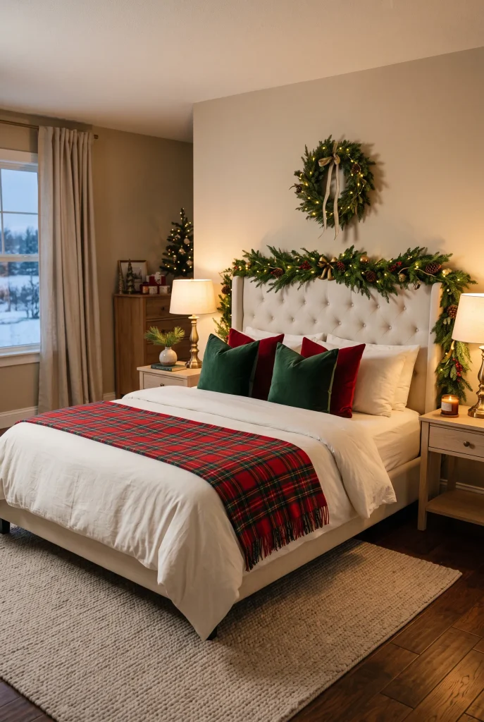 Classic Christmas bed with red and green bedding, evergreen garland, and warm lights