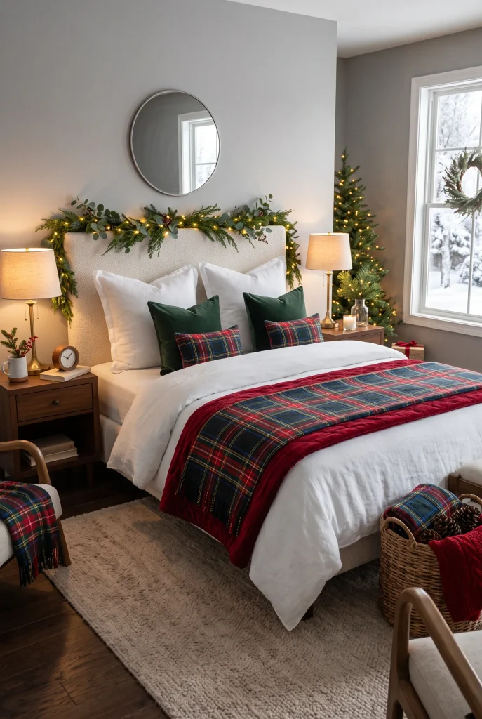 Classic Christmas bedroom with red and green bedding, plaid blanket, evergreen accents, and warm lights