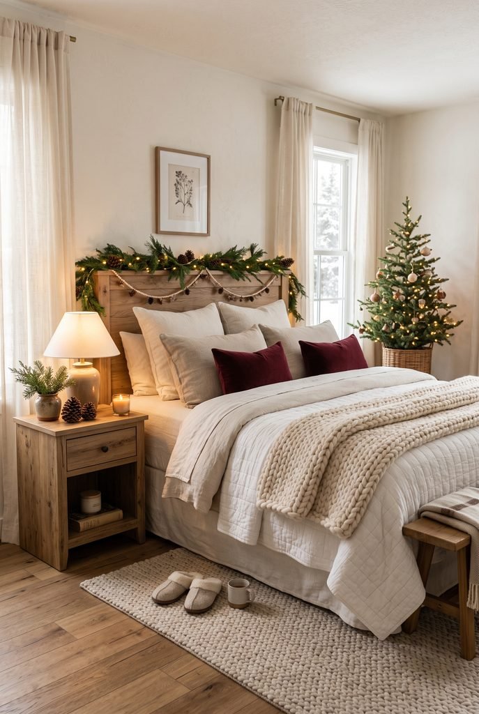 Cozy Christmas bedroom with cream bedding, burgundy pillows, knitted throw, and evergreen accents
