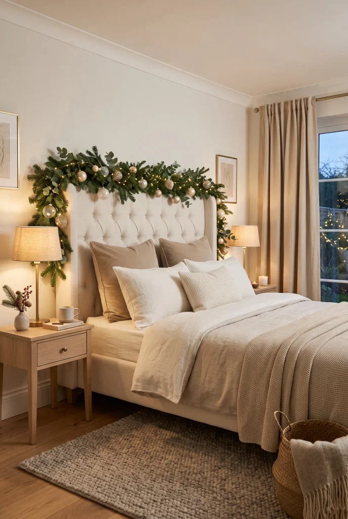 Cream Christmas bedroom with evergreen garland and warm white lights around the headboard