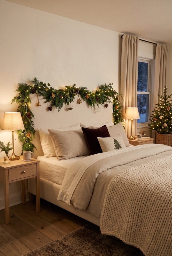 Evergreen garland and warm lights decorating a cream Christmas bedroom headboard