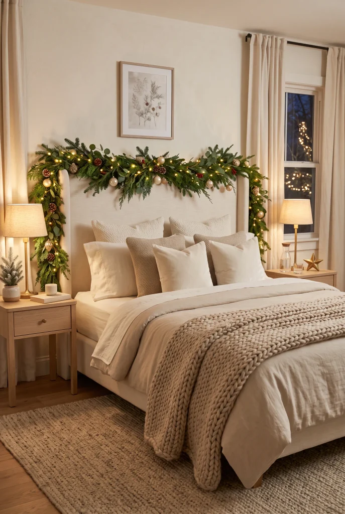 Cream Christmas bedroom with evergreen garland wrapped around the upholstered headboard