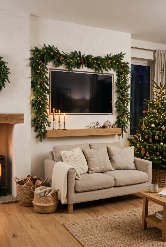 Evergreen garland and warm lights decorating a wall-mounted TV in a cozy Christmas living room