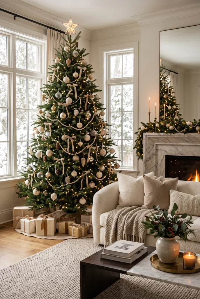 Grand Christmas tree with champagne ornaments and cream sofa in a luxury living room