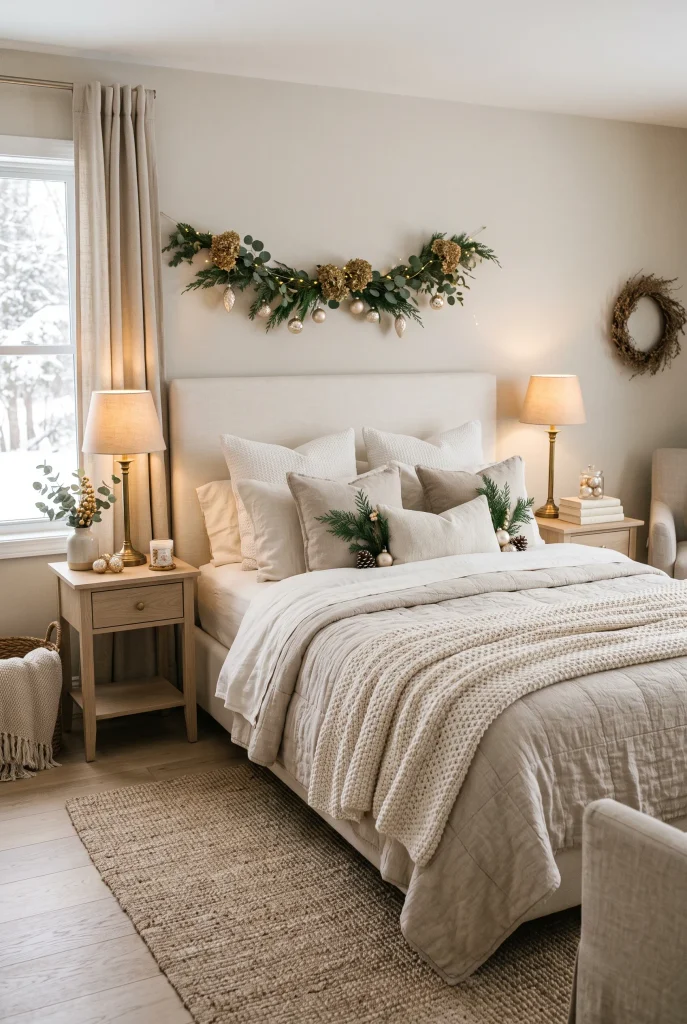 Ivory Christmas bedding layered with evergreen accents in a neutral bedroom