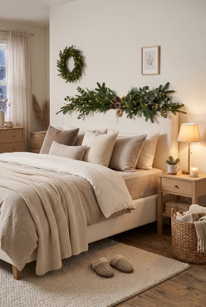 Neutral Christmas bedroom with layered ivory bedding, evergreen accents, and cozy knitted textures
