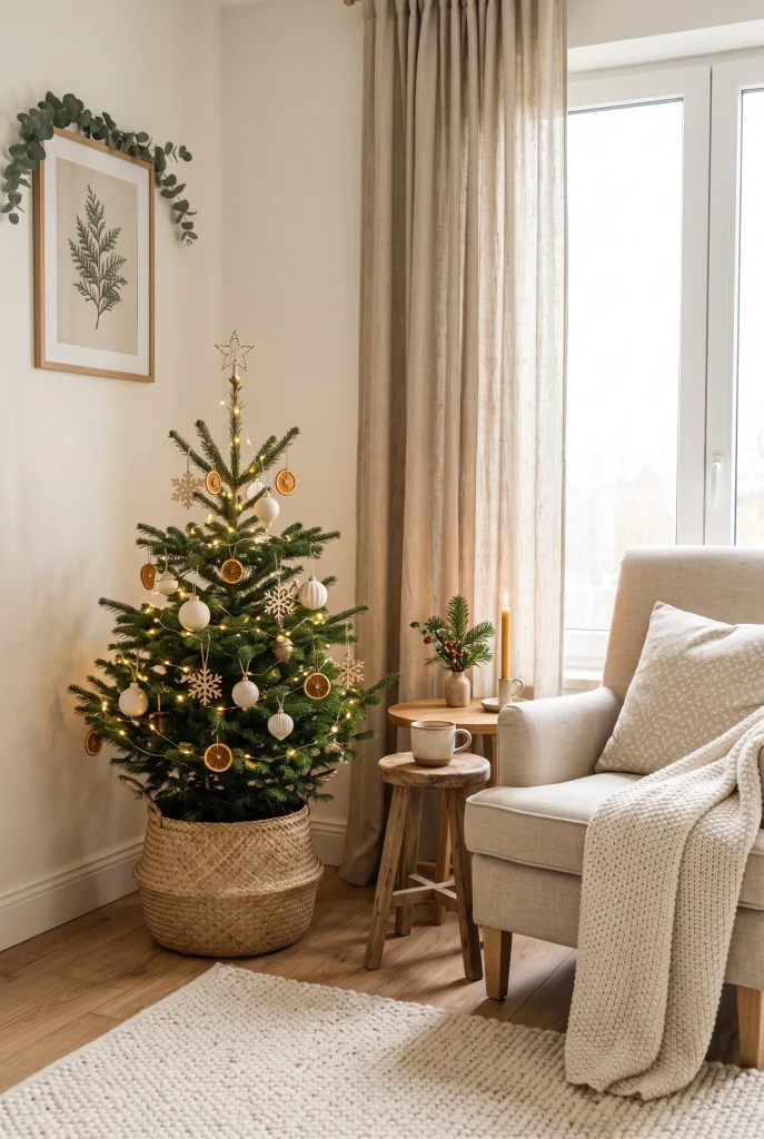 Small Christmas tree styled in a cozy living room corner with warm lights