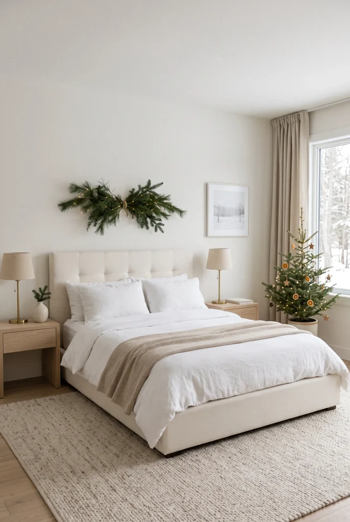Neutral Christmas bedroom with cream bedding, evergreen garland, and champagne accents