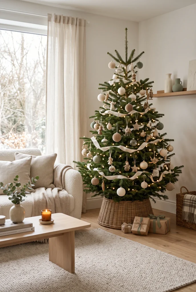 Neutral Christmas tree with ivory, beige, and muted green ornaments in a modern living room