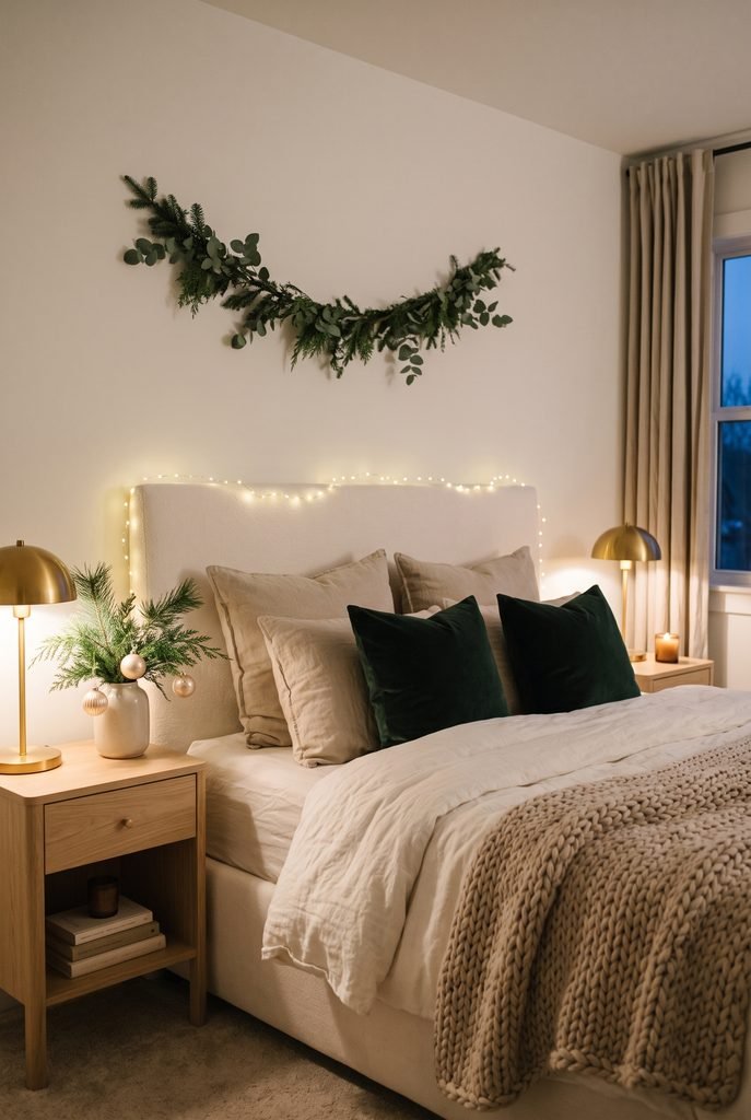 Warm white Christmas lights wrapped around a cream bedroom headboard