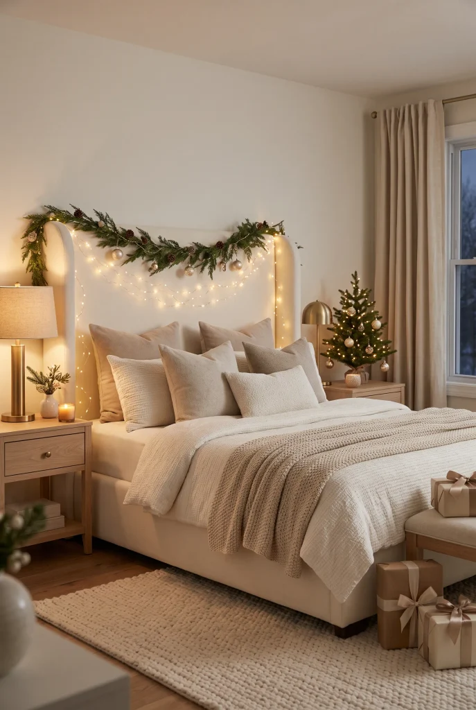 Warm white Christmas lights wrapped around a cream upholstered bedroom headboard