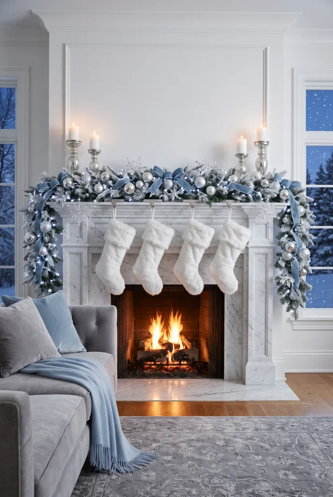Blue and silver Christmas mantel with frosted greenery, pale blue ribbon, and silver ornaments