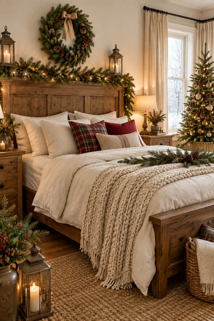 Rustic Christmas bedroom with evergreen branches, pinecones, plaid accents, and natural wood
