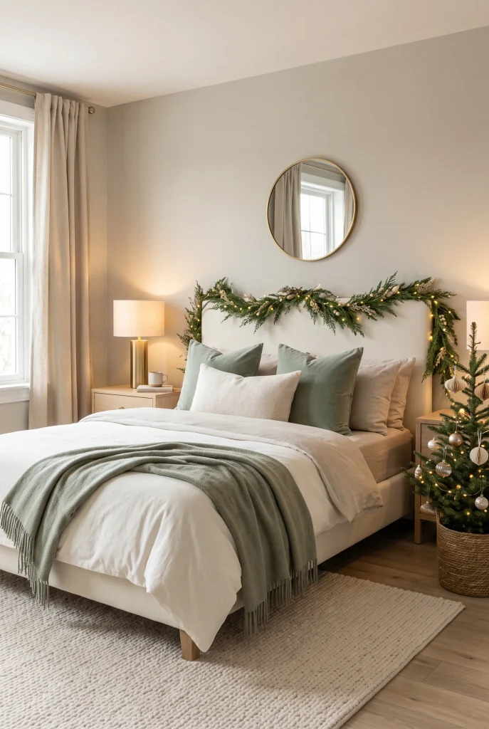Neutral Christmas bedroom with soft sage green pillows and greenery