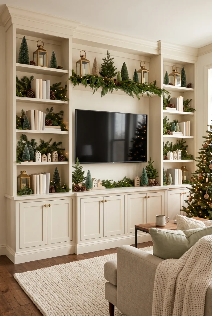 Built-in TV wall with Christmas greenery, ceramic trees, and festive shelf decorations