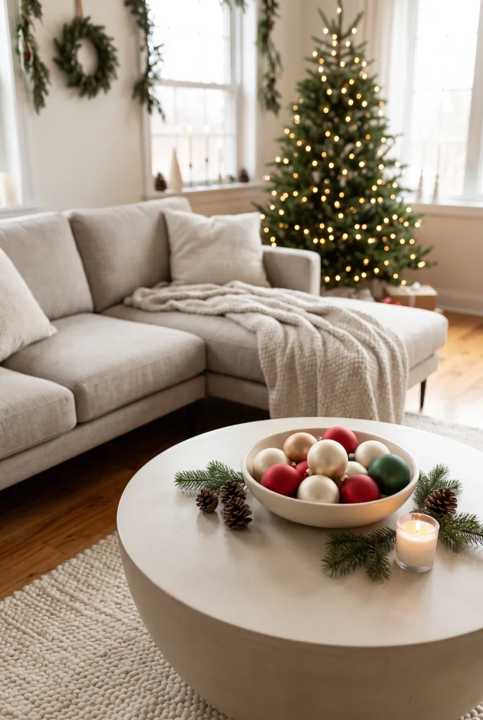 Christmas ornament bowl centerpiece on a modern coffee table