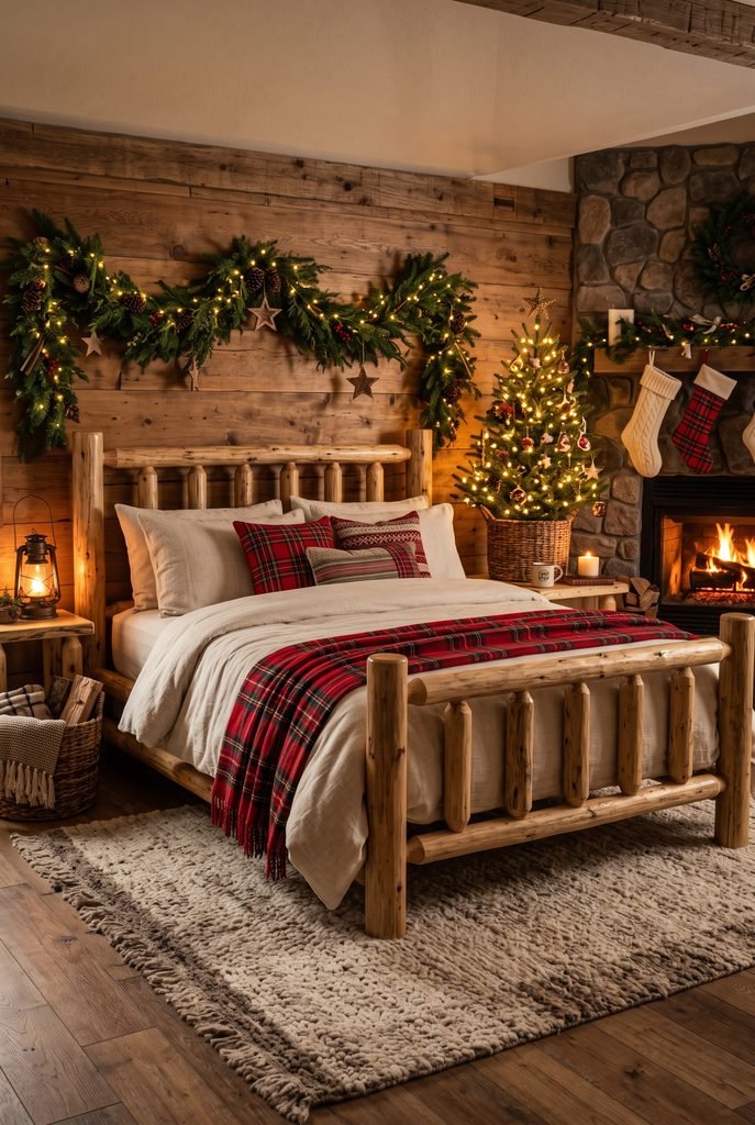 Cozy Christmas cabin bedroom with rustic wood, plaid bedding, and a small Christmas tree
