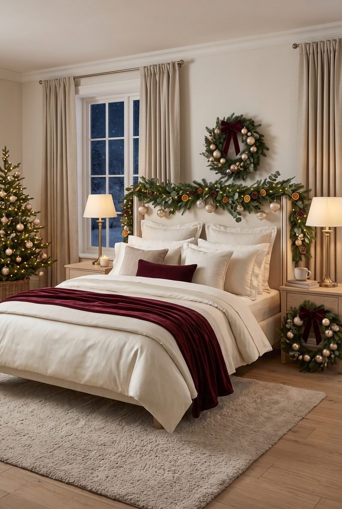 Elegant Christmas bedroom with burgundy velvet pillows and evergreen decor