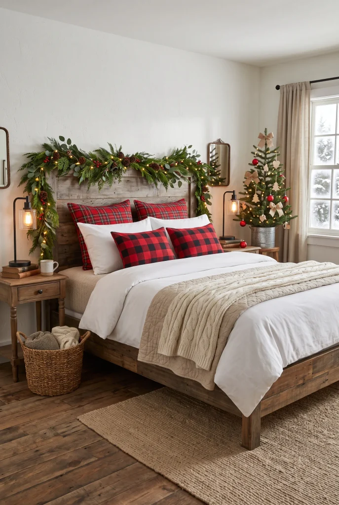 Farmhouse Christmas bedroom with white bedding, red plaid pillows, evergreen garland, and wood furniture