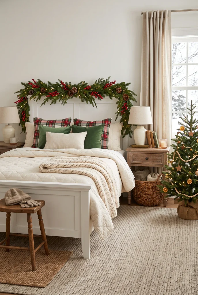 Farmhouse Christmas bedroom with plaid pillows, evergreen garland, and rustic wood accents