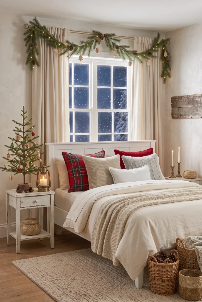 Farmhouse Christmas bedroom with red plaid pillows, white bedding, and rustic holiday decor