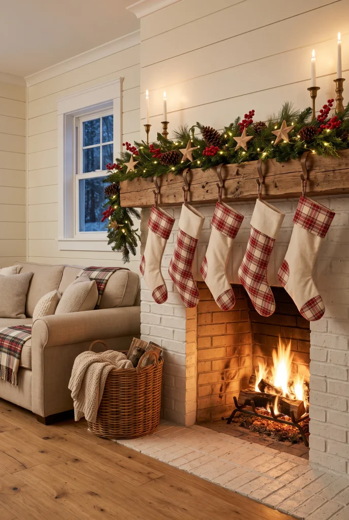 Farmhouse Christmas mantel with cream and plaid stockings and evergreen garland