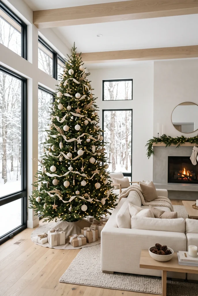Tall floor-to-ceiling Christmas tree in an elegant modern living room