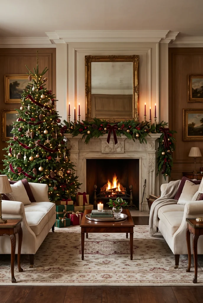 Traditional luxury Christmas living room with grand fireplace and evergreen garland