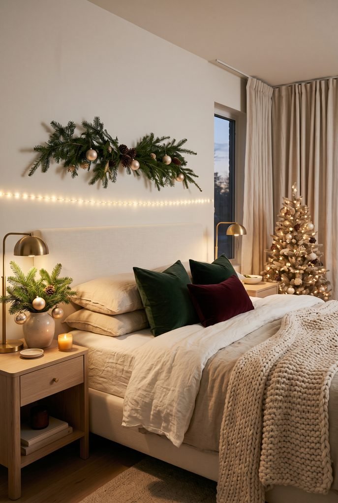 Christmas lights arranged along the wall above a bedroom headboard