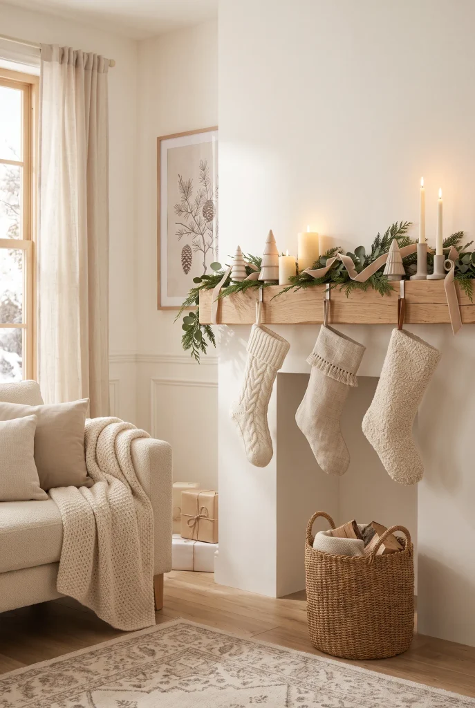 Neutral Christmas stockings hanging from a decorated fireplace mantel