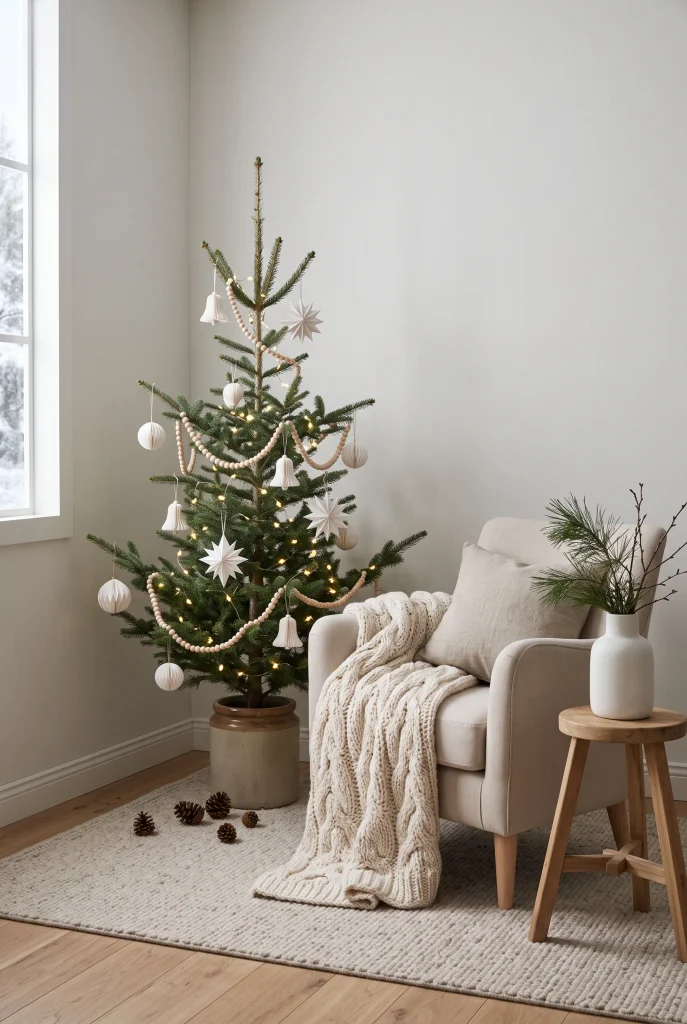 Scandinavian Christmas nook with neutral tree and cozy armchair