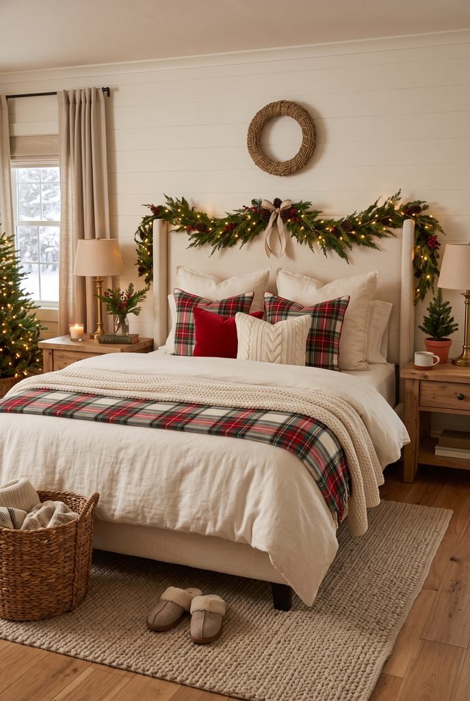 Farmhouse Christmas bedroom with red plaid bedding accents, greenery, and rustic wood details