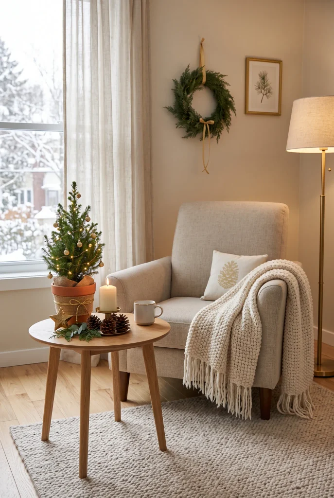 Small wooden side table decorated with a miniature Christmas tree and candle