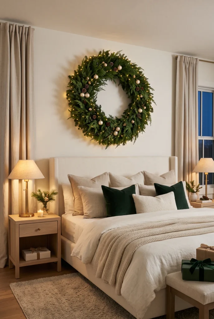 Evergreen Christmas wreath decorated with warm white lights above a bedroom bed
